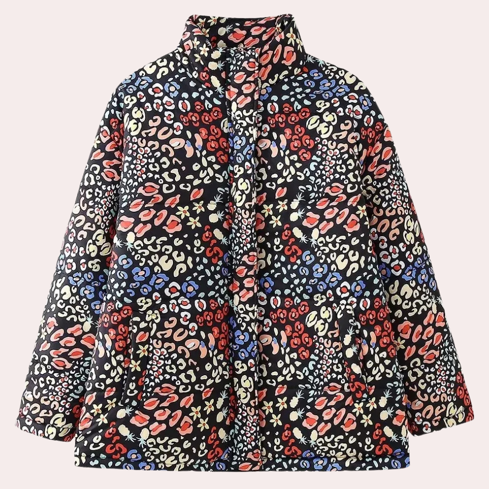 Dames winterjas met kleurrijk luipaardprint, waterdicht en warm, ideaal voor koude seizoenen. Modieuze jas voor dames, trendy en comfortabel.