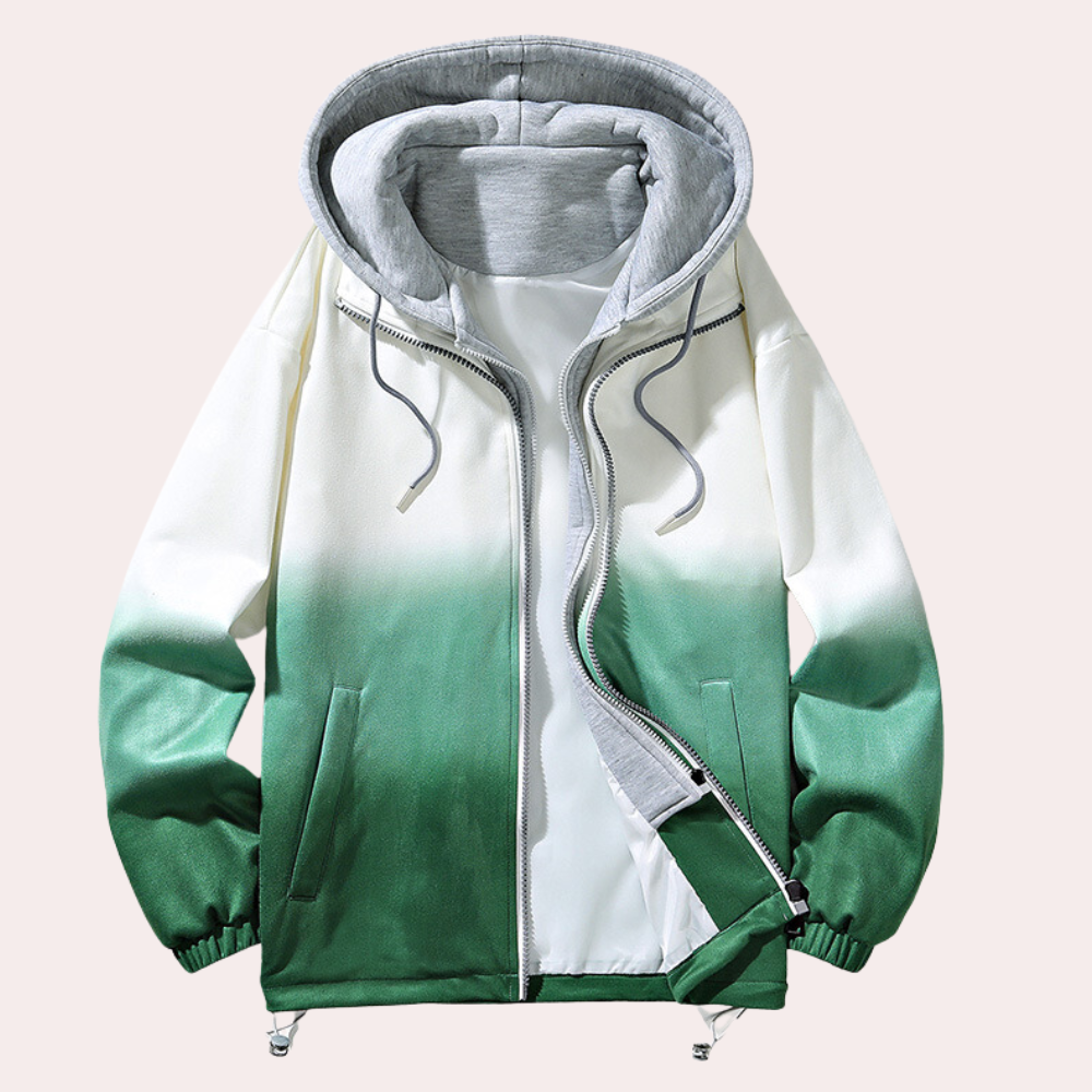 Groene en witte ombre hoodie met ritssluiting, capuchon en trekkoorden, unisex ontwerp, modieuze streetwear, comfortabele casual stijl.
