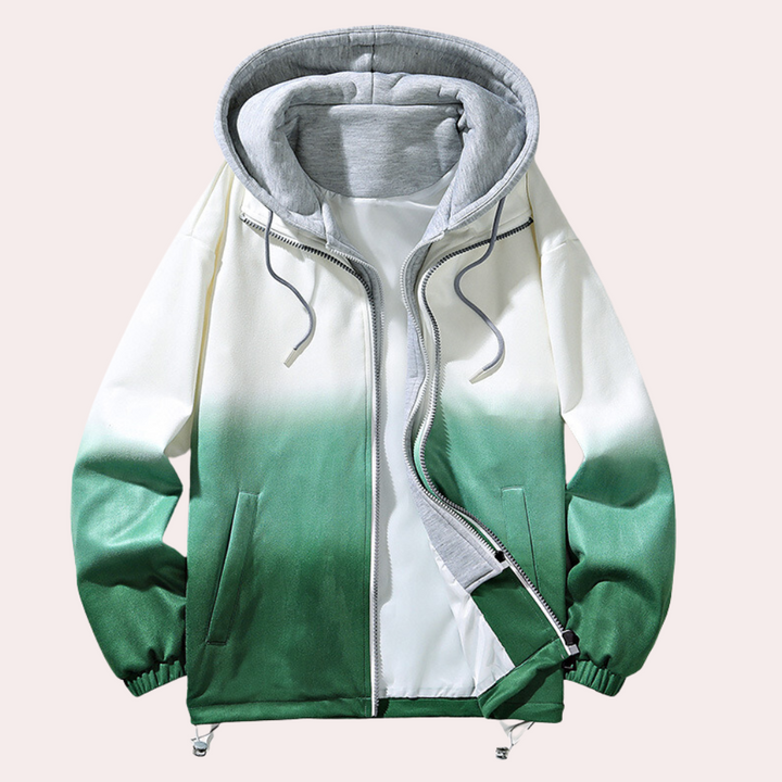 Groene en witte ombre hoodie met ritssluiting, capuchon en trekkoorden, unisex ontwerp, modieuze streetwear, comfortabele casual stijl.