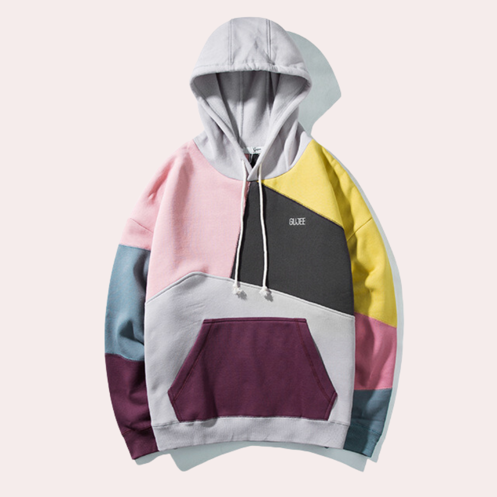 Kleurrijke patchwork hoodie met capuchon, geometrisch ontwerp, unisex, casual streetwear, roze, geel, blauw en paars, comfortabele katoenen stof.