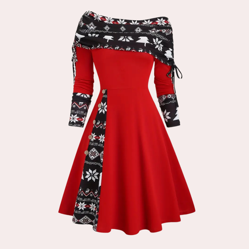 Rode vintage jurk met lange mouwen en zwarte kerstprint, off-shoulder ontwerp, ideaal voor feestelijke gelegenheden en wintermode.