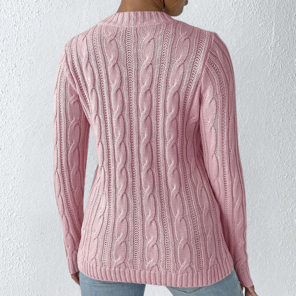 Roze kabeltrui dames, achterkant, gebreid patroon, casual mode, herfst winter kleding, comfortabele pasvorm, trendy dameskleding.