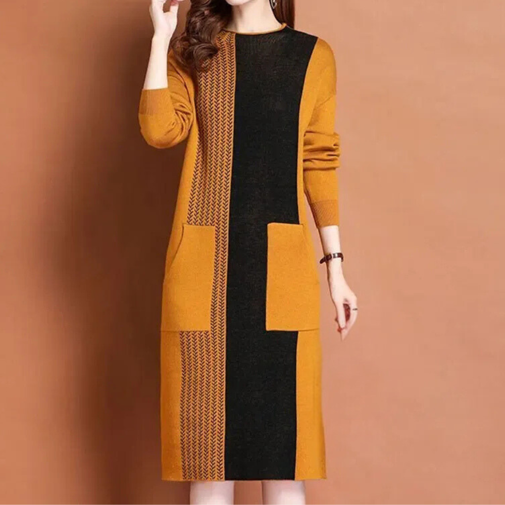 Oranje en zwart gebreide jurk met lange mouwen en zakken, damesmode herfst-winter, elegant design, comfortabele pasvorm, trendy kledingstijl.