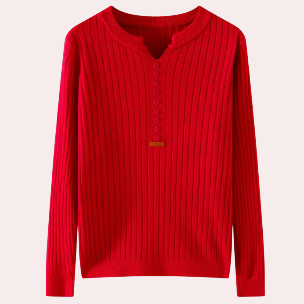 Rode geribbelde trui met knoopsluiting, lange mouwen en ronde hals. Stijlvolle damesmode, perfect voor herfst- en winterseizoen.