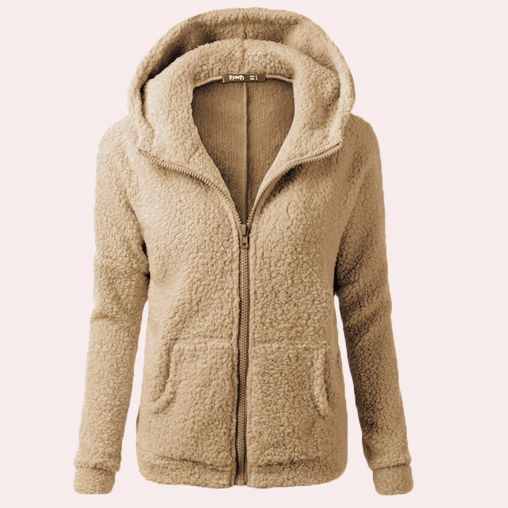 Beige teddy fleece hoodie met rits, capuchon en zakken, damesmode, warme winterjas, comfortabele en stijlvolle kleding.