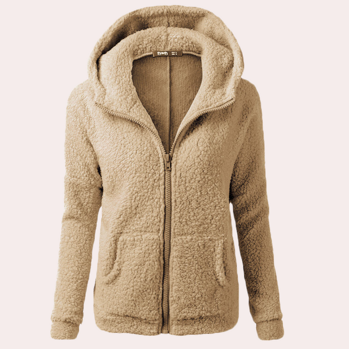 Beige teddy fleece hoodie met rits, capuchon en zakken, damesmode, warme winterjas, comfortabele en stijlvolle kleding.
