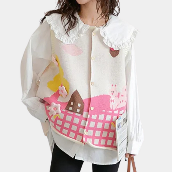 Damestrui met schattig landschapspatroon, grote kraag en knoopsluiting. Perfect voor casual lente- en herfstoutfits. Comfortabele en modieuze stijl.