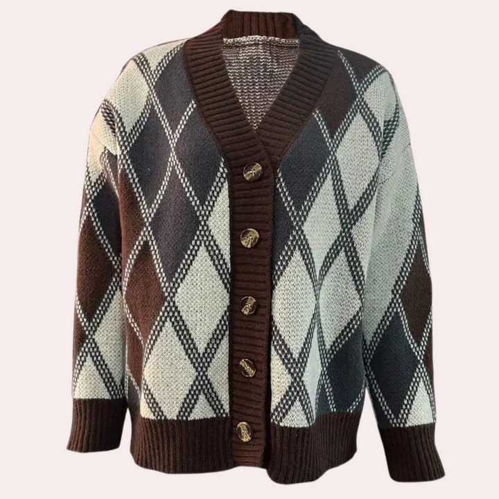 Bruin-witte argyle cardigan met knopen, gebreid patroon, V-hals, herenkleding, herfstmode, stijlvolle trui, warme winterkleding.