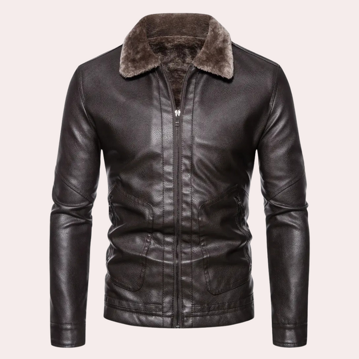 Bruin leren herenjas met bontkraag, stijlvolle winterjas, rits, lange mouwen, modieuze herenkleding, warme jas voor koude dagen.