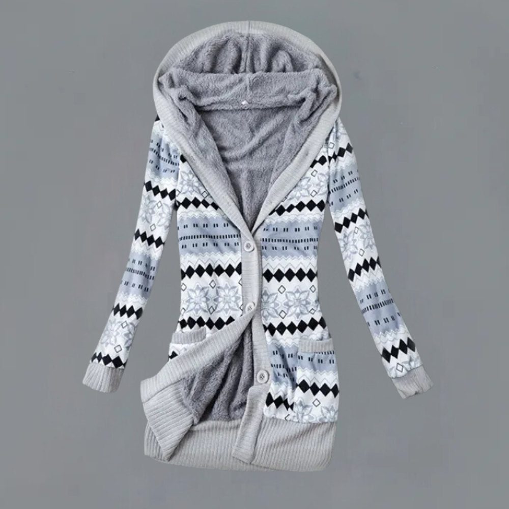 Grijze gebreide damesvest met capuchon, Noors patroon, knopen, wintermode, warme kleding, casual stijl, comfortabele pasvorm.