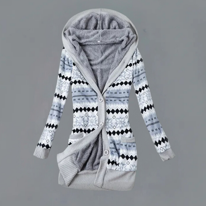 Grijze gebreide damesvest met capuchon, Noors patroon, knopen, wintermode, warme kleding, casual stijl, comfortabele pasvorm.