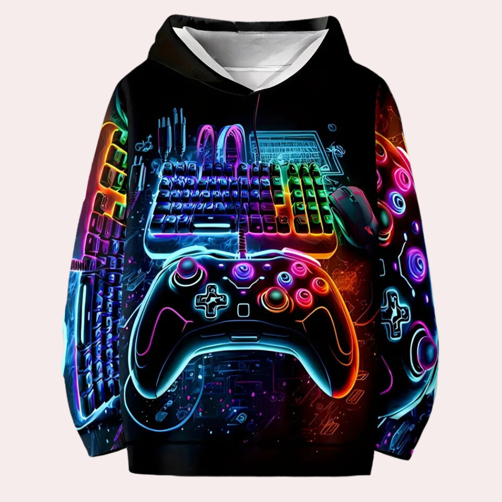 Neon gaming hoodie met kleurrijke print van gamecontroller, toetsenbord en muis. Ideaal voor gamers, unisex design, comfortabele pasvorm.