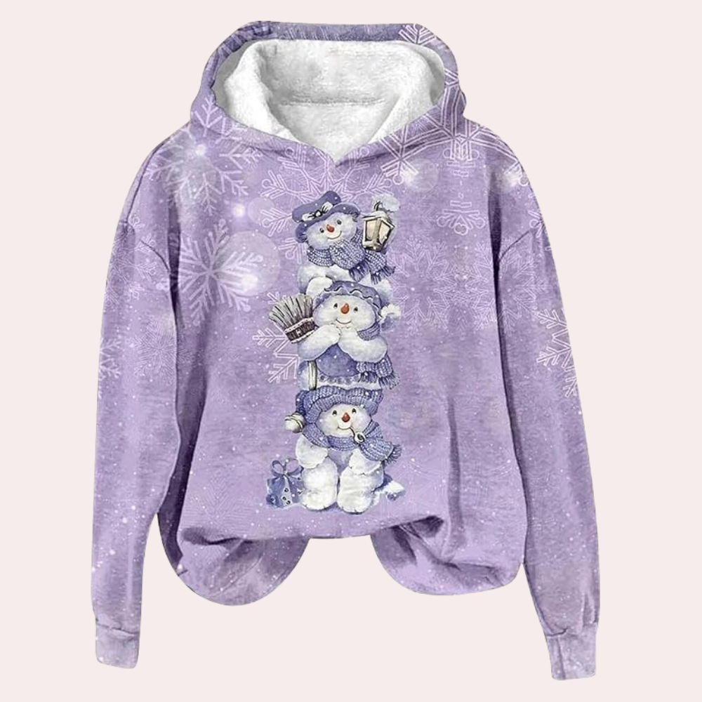 Paarse hoodie met sneeuwpoppenprint, winterthema, zachte stof, casual kleding, kerstcadeau, trendy mode, comfortabele pasvorm.