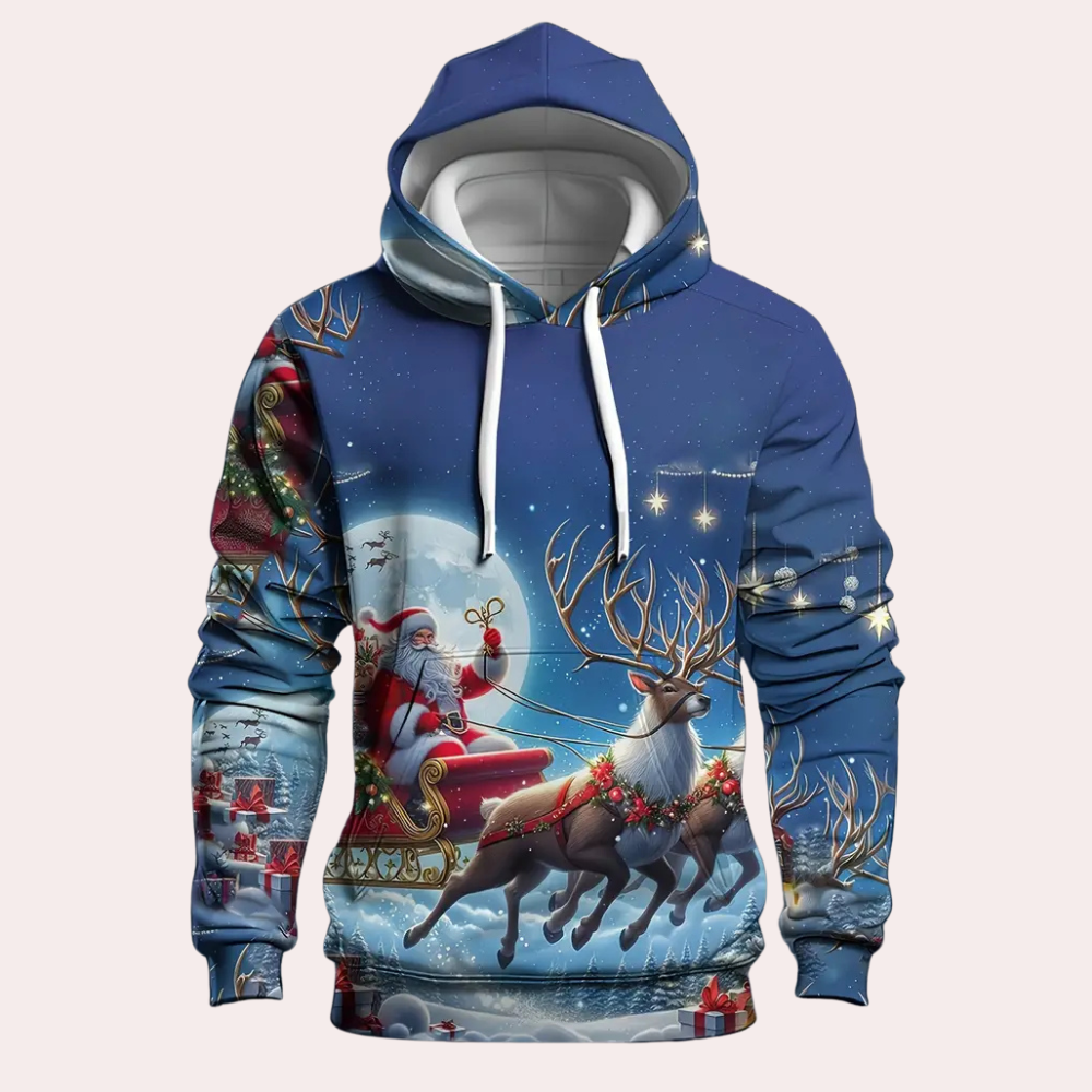 Blauwe kersttrui met kerstman in arrenslee, getrokken door rendieren, onder een sterrenhemel. Perfect voor feestdagen en wintermode.