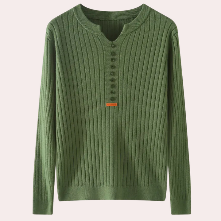 Groene geribbelde trui met lange mouwen en knoopsluiting, gemaakt van katoenmix. Stijlvolle damesmode, perfect voor herfst- en winterseizoenen.