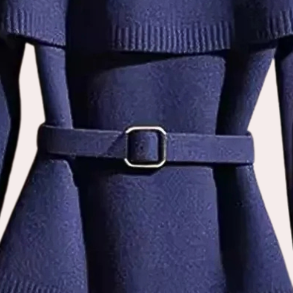 Donkerblauwe wollen jas met riem, elegante damesmode, herfst-winter kleding, stijlvolle en warme outfit, trendy design.