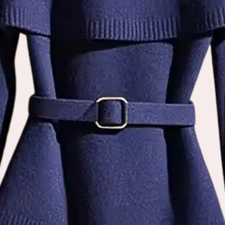 Donkerblauwe wollen jas met riem, elegante damesmode, herfst-winter kleding, stijlvolle en warme outfit, trendy design.