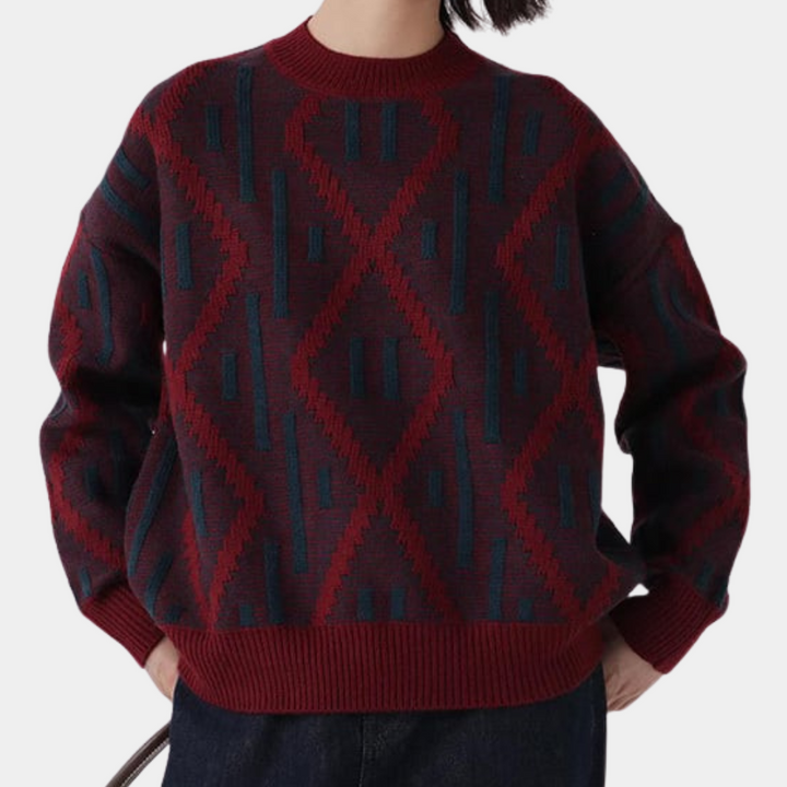 Donkerrode trui met geometrisch patroon, ronde hals en lange mouwen, ideaal voor herfstmode. Comfortabele dameskleding, trendy en stijlvol design.