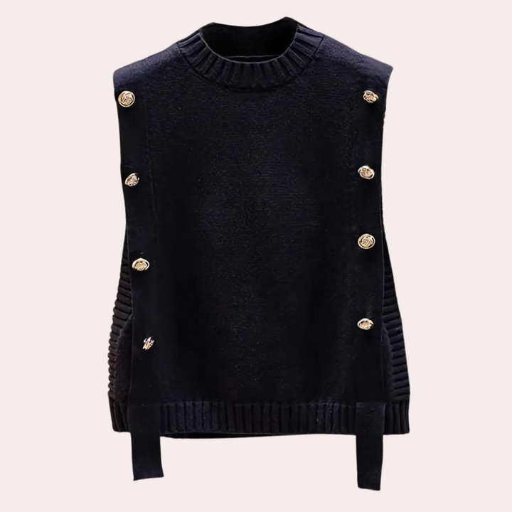 Zwarte mouwloze trui met gouden knopen, damesmode, stijlvolle gebreide top, casual chique kleding, herfst-winter garderobe essentials.