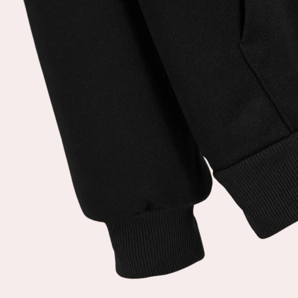Zwarte hoodie mouw detail, katoenmix, geribbelde manchetten, casual streetwear, unisex mode, comfortabele pasvorm, trendy kleding.