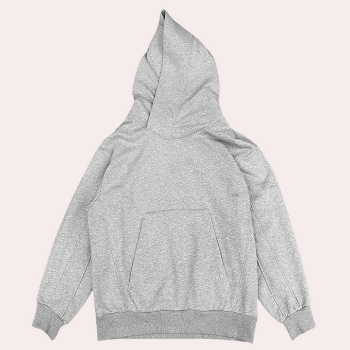 Grijze hoodie met capuchon, kangoeroezak en geribbelde boorden, achterkant. Comfortabele unisex sweater, casual mode, streetwear stijl.
