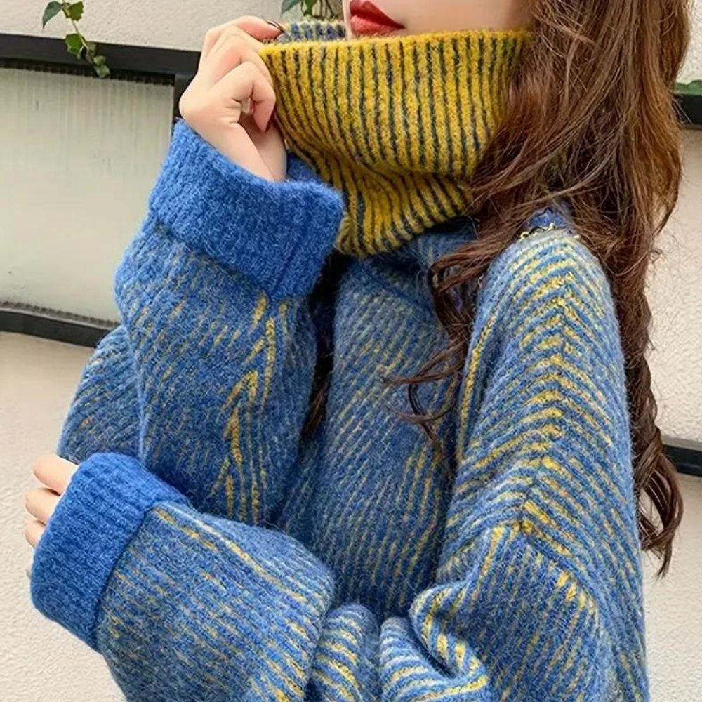 Vrouw draagt een blauwe en gele gestreepte trui met hoge col, modieuze winterkleding, warme damesmode, trendy gebreide outfit.