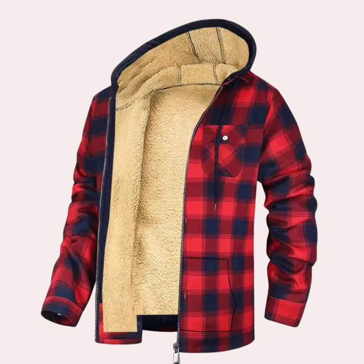 Rood-zwart geruite fleece gevoerde herenjas met capuchon, open rits, warme winterkleding, casual stijl, geschikt voor buitenactiviteiten.
