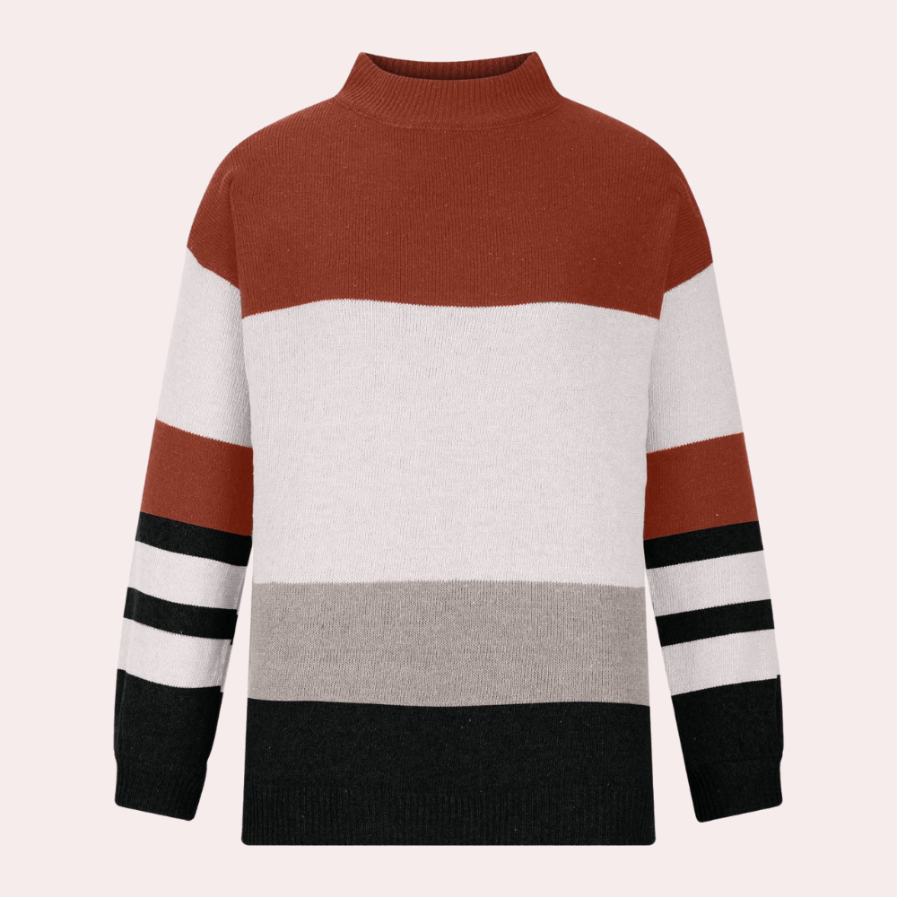 Gestreepte trui met hoge hals, rood-wit-grijs-zwart, uniseks, gebreid, casual wintermode, warme kleding, stijlvolle herentrui.