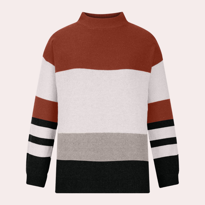 Gestreepte trui met hoge hals, rood-wit-grijs-zwart, uniseks, gebreid, casual wintermode, warme kleding, stijlvolle herentrui.