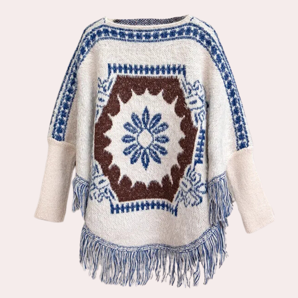 Beige poncho met blauwe en bruine geometrische patronen en franjes, bohemian stijl, damesmode, warme winterkleding, handgemaakt design.