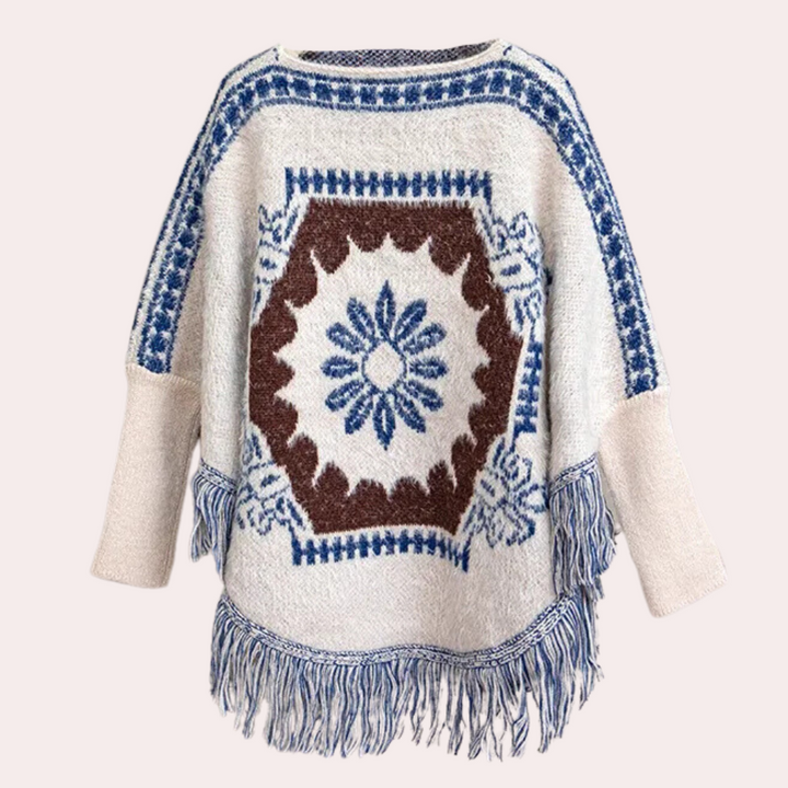 Beige poncho met blauwe en bruine geometrische patronen en franjes, bohemian stijl, damesmode, warme winterkleding, handgemaakt design.