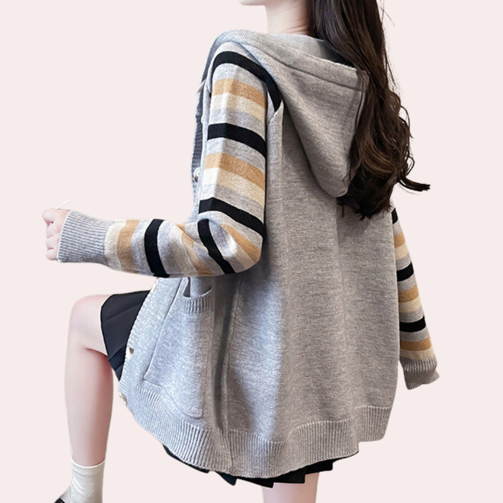 Grijze dameshoodie met gestreepte mouwen, casual stijl, comfortabele pasvorm, ideaal voor herfstmode. Perfect voor dagelijks gebruik en trendy outfits.