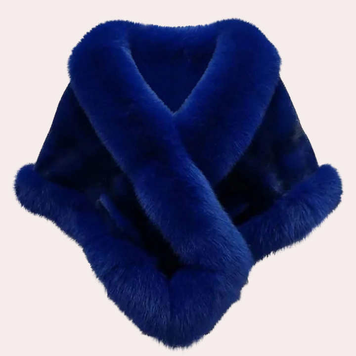 Koningsblauwe bontkraag, luxe faux fur sjaal, winteraccessoire, warme en stijlvolle kraag voor dames, modieuze wintermode.