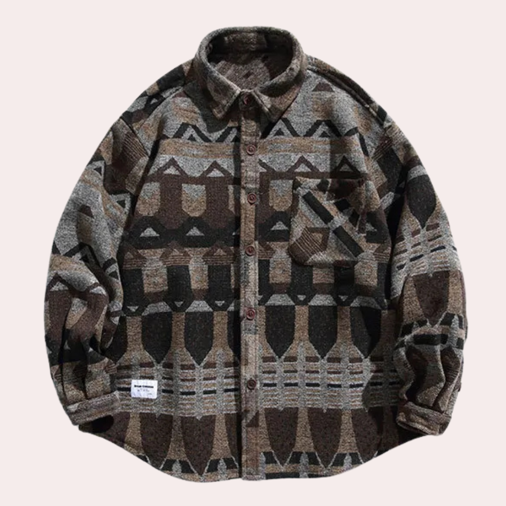 Vintage geïnspireerd herenoverhemd met geometrisch Azteeks patroon, lange mouwen en knoopsluiting. Perfect voor casual en retro stijlen.
