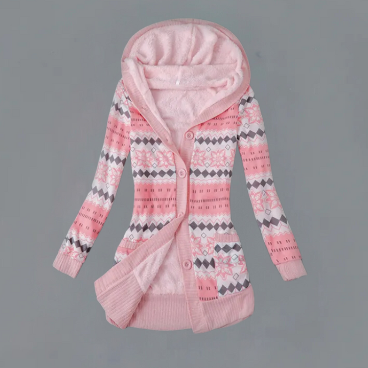Roze gebreid vest met capuchon, geometrisch patroon, knopen, damesmode, winterkleding, warme trui, casual stijl, comfortabele pasvorm.