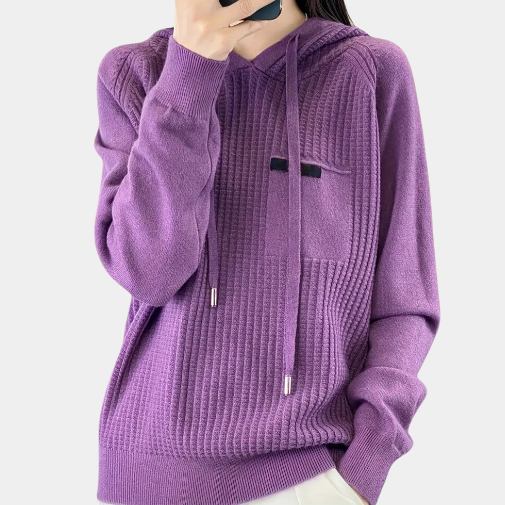 Paarse gebreide hoodie dames, met capuchon en zak, casual mode, comfortabele trui, herfst winterkleding, trendy streetwear stijl.