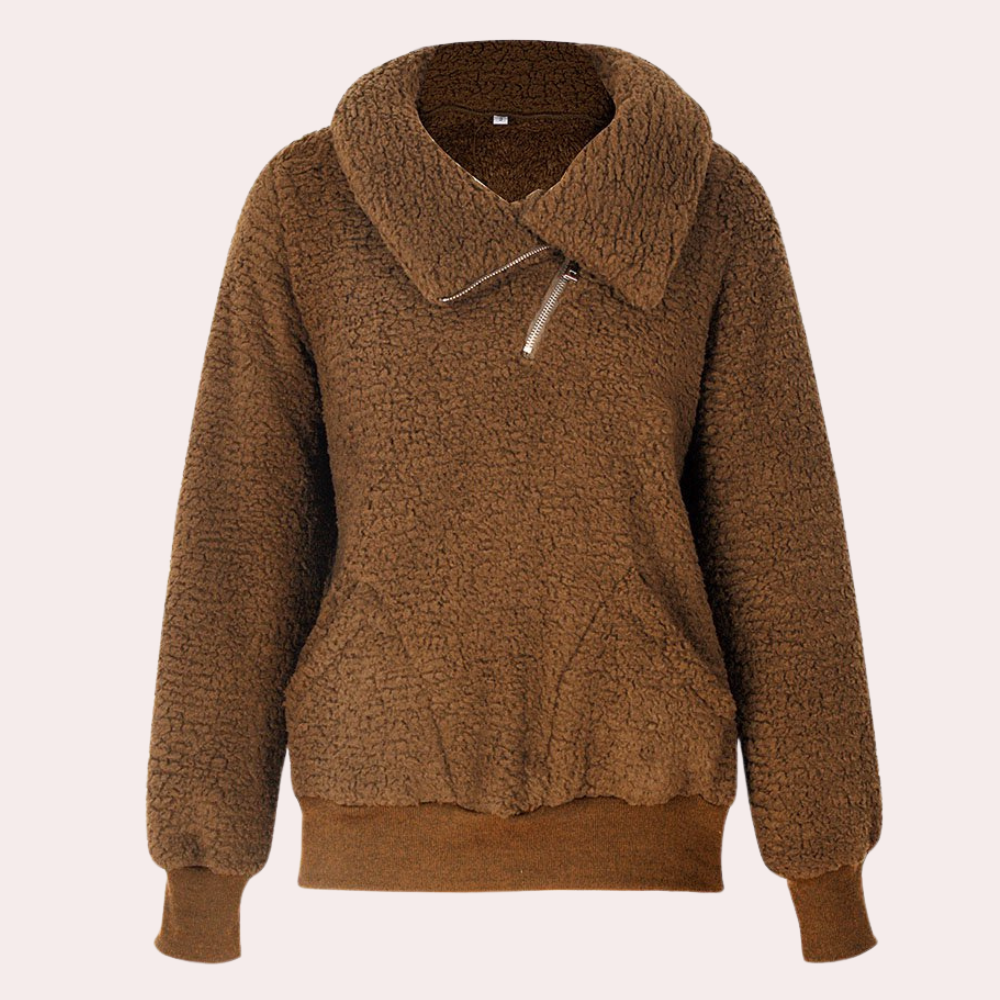 Bruine fleece trui met kraag en ritssluiting, warme dames sweater, comfortabele winterkleding, modieuze casual outfit, zachte stof.