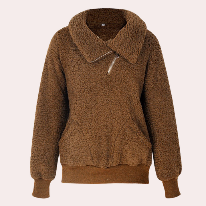 Bruine fleece trui met kraag en ritssluiting, warme dames sweater, comfortabele winterkleding, modieuze casual outfit, zachte stof.