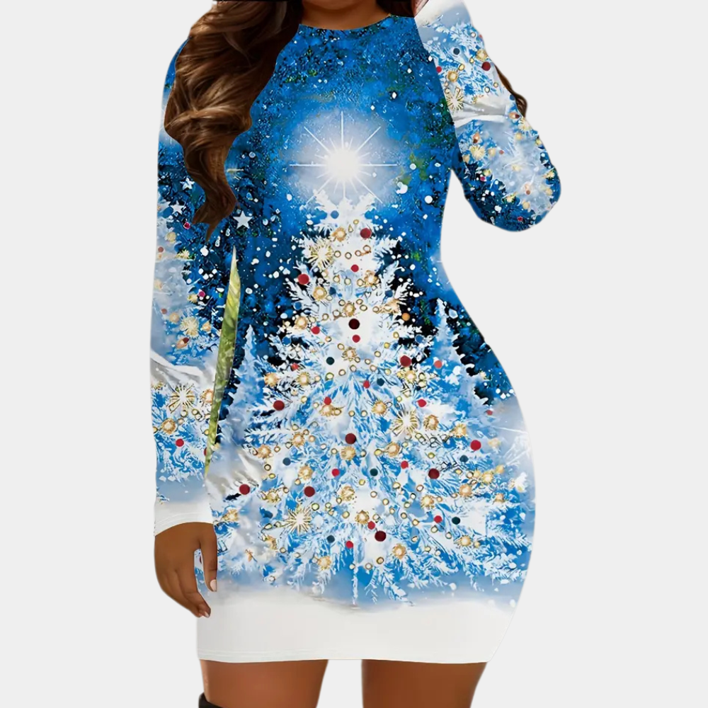 Vrouw in blauwe kerstjurk met sneeuwvlok- en kerstboomprint, lange mouwen, feestelijke kleding, wintermode, kerstoutfit.
