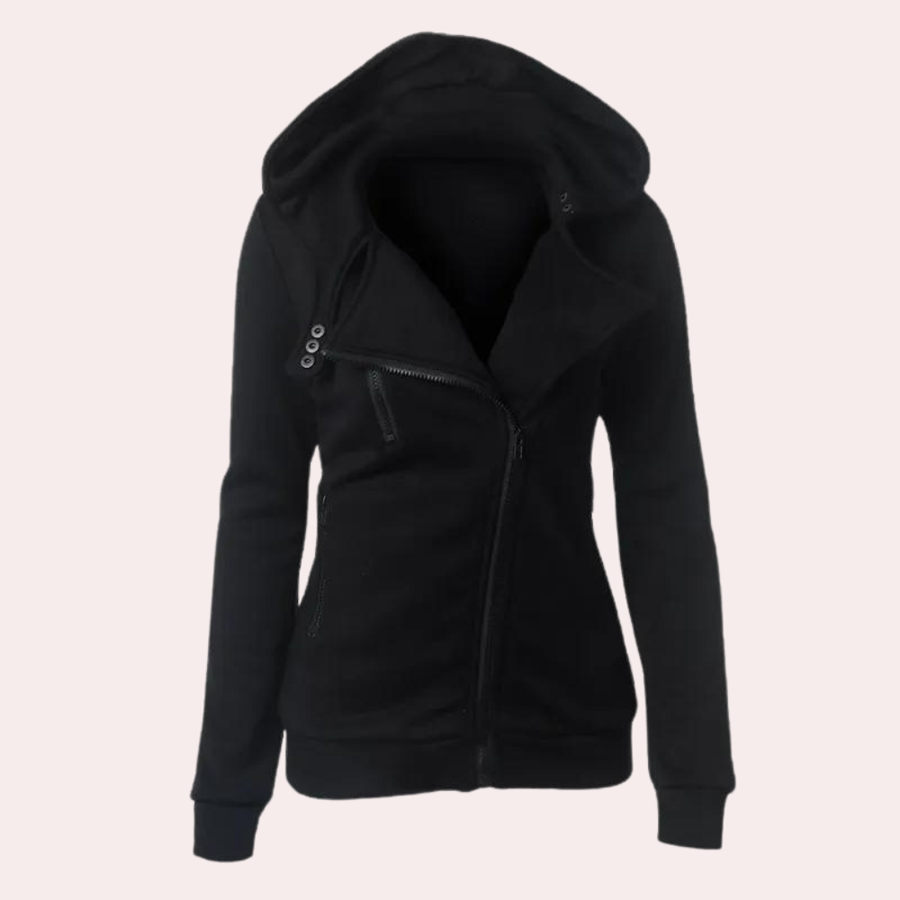 Zwarte dameshoodie met asymmetrische ritssluiting en capuchon, modieuze casual kleding, comfortabele pasvorm, ideaal voor herfst en winter.
