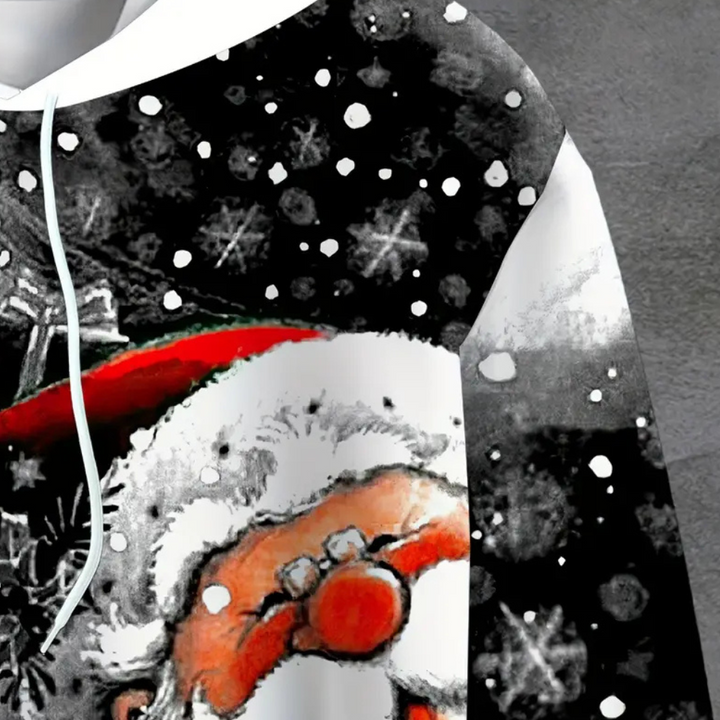 Kersttrui met kerstmanontwerp, sneeuwvlokken en rode accenten, perfect voor feestdagen. Warme wintermode, unieke kerstkleding.
