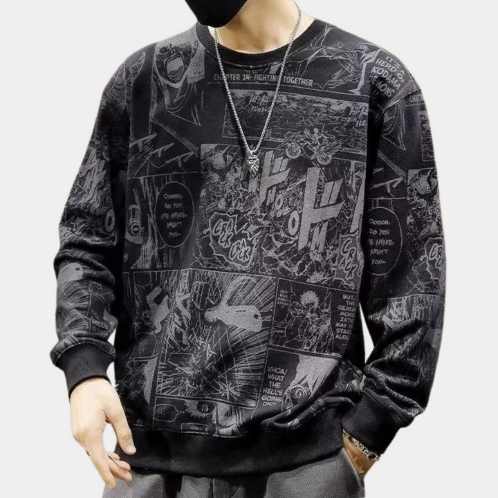 Zwarte trui met stripboekprint, anime stijl, unisex mode, casual streetwear, lange mouwen, grafisch ontwerp, trendy kleding.