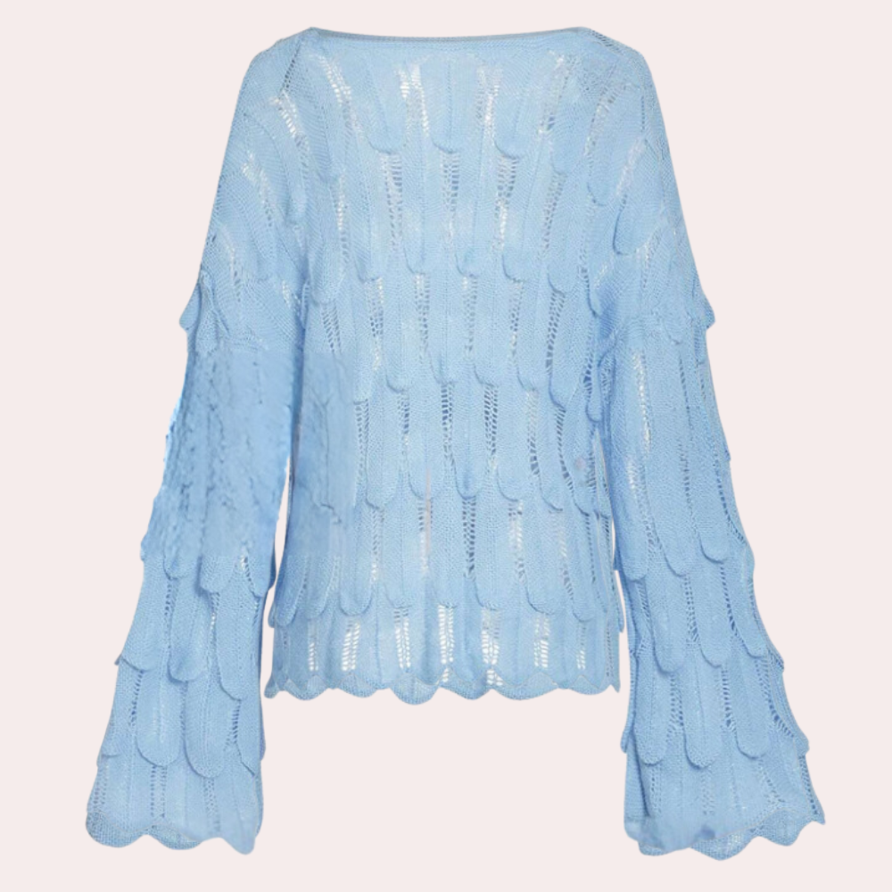 Lichtblauwe gebreide trui met wijde mouwen en schubbenpatroon, damesmode, trendy kleding, comfortabele en stijlvolle outfit voor dagelijks gebruik.