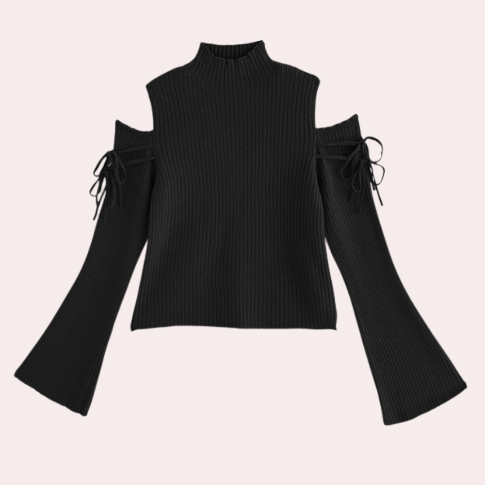 Zwarte off-shoulder trui met wijde mouwen en strikdetails, damesmode, trendy herfstkleding, gebreide stof, stijlvolle casual outfit.