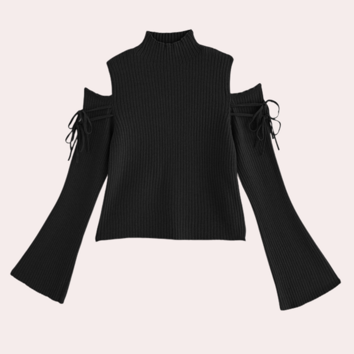 Zwarte off-shoulder trui met wijde mouwen en strikdetails, damesmode, trendy herfstkleding, gebreide stof, stijlvolle casual outfit.