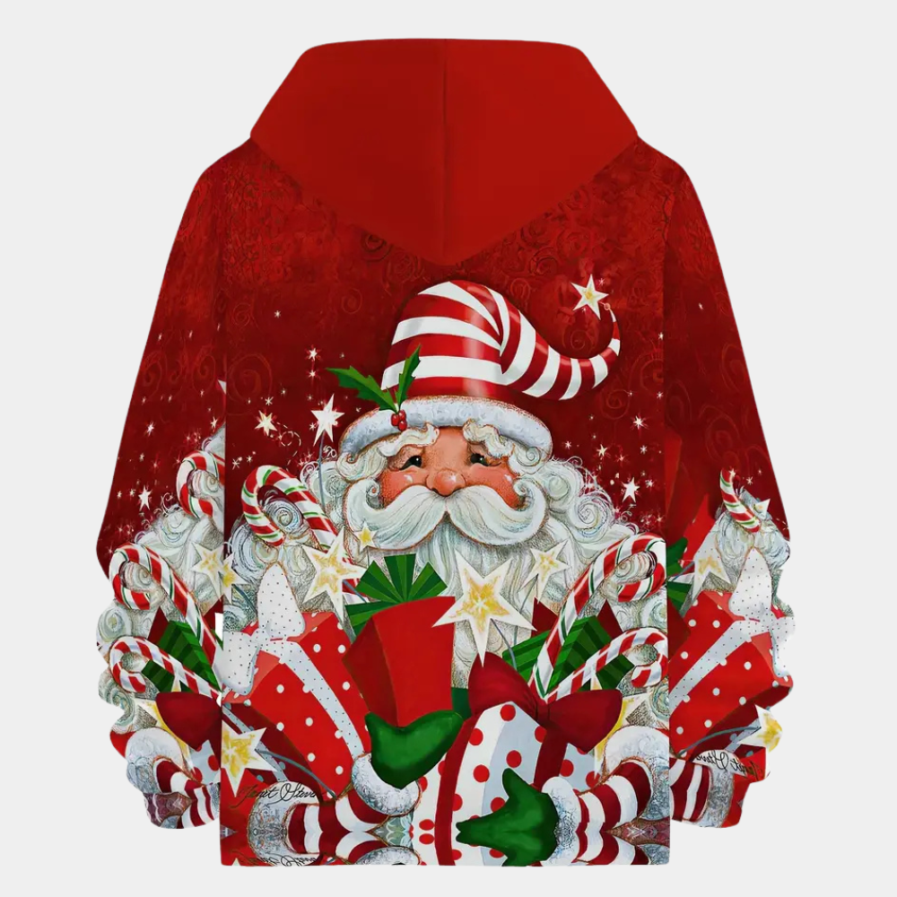 Rode kersttrui met kerstman, cadeaus en zuurstokken. Perfect voor feestdagen, wintermode en kerstcadeaus. Comfortabel en stijlvol ontwerp.