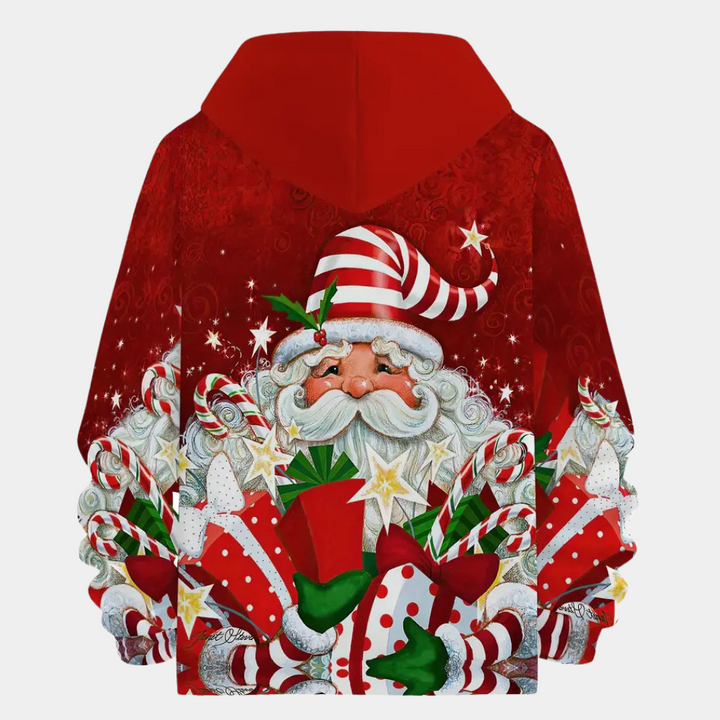 Rode kersttrui met kerstman, cadeaus en zuurstokken. Perfect voor feestdagen, wintermode en kerstcadeaus. Comfortabel en stijlvol ontwerp.