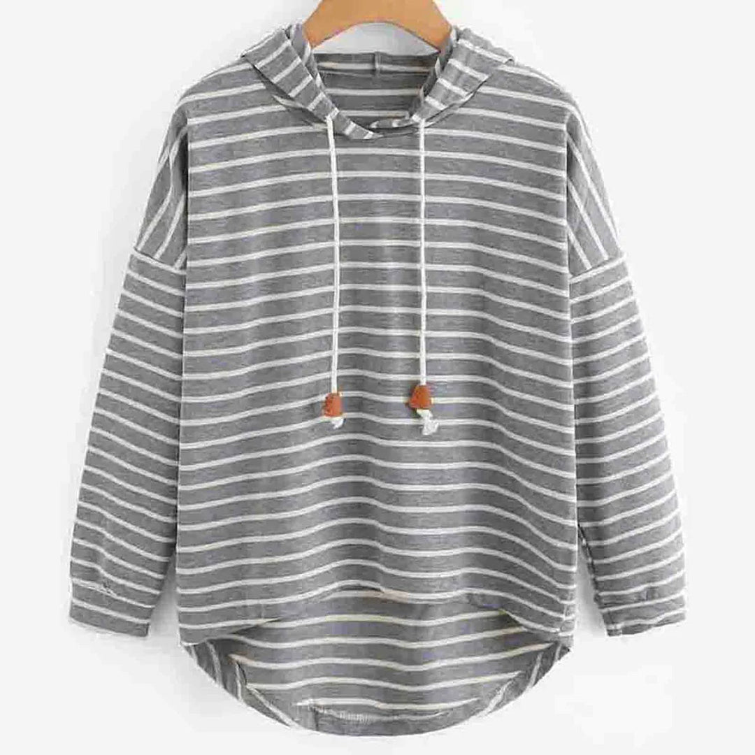 Grijze gestreepte hoodie met capuchon en trekkoorden, casual dameskleding, comfortabele katoenen trui, modieuze herfst- en winterstijl.