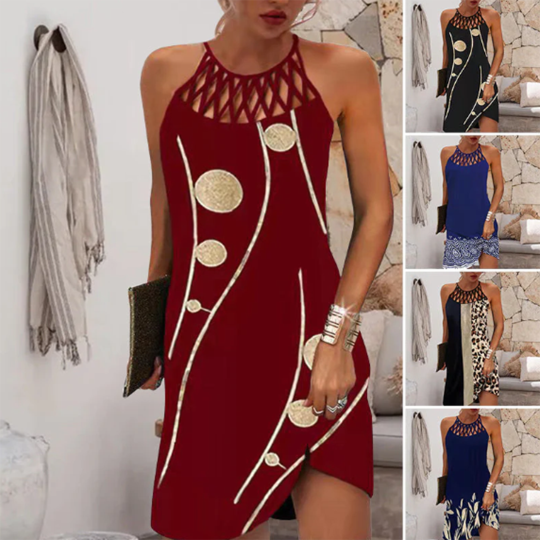 Vrouw in elegante zomerjurk met abstract patroon, verkrijgbaar in meerdere kleuren. Perfect voor casual en feestelijke gelegenheden. Trendy damesmode.