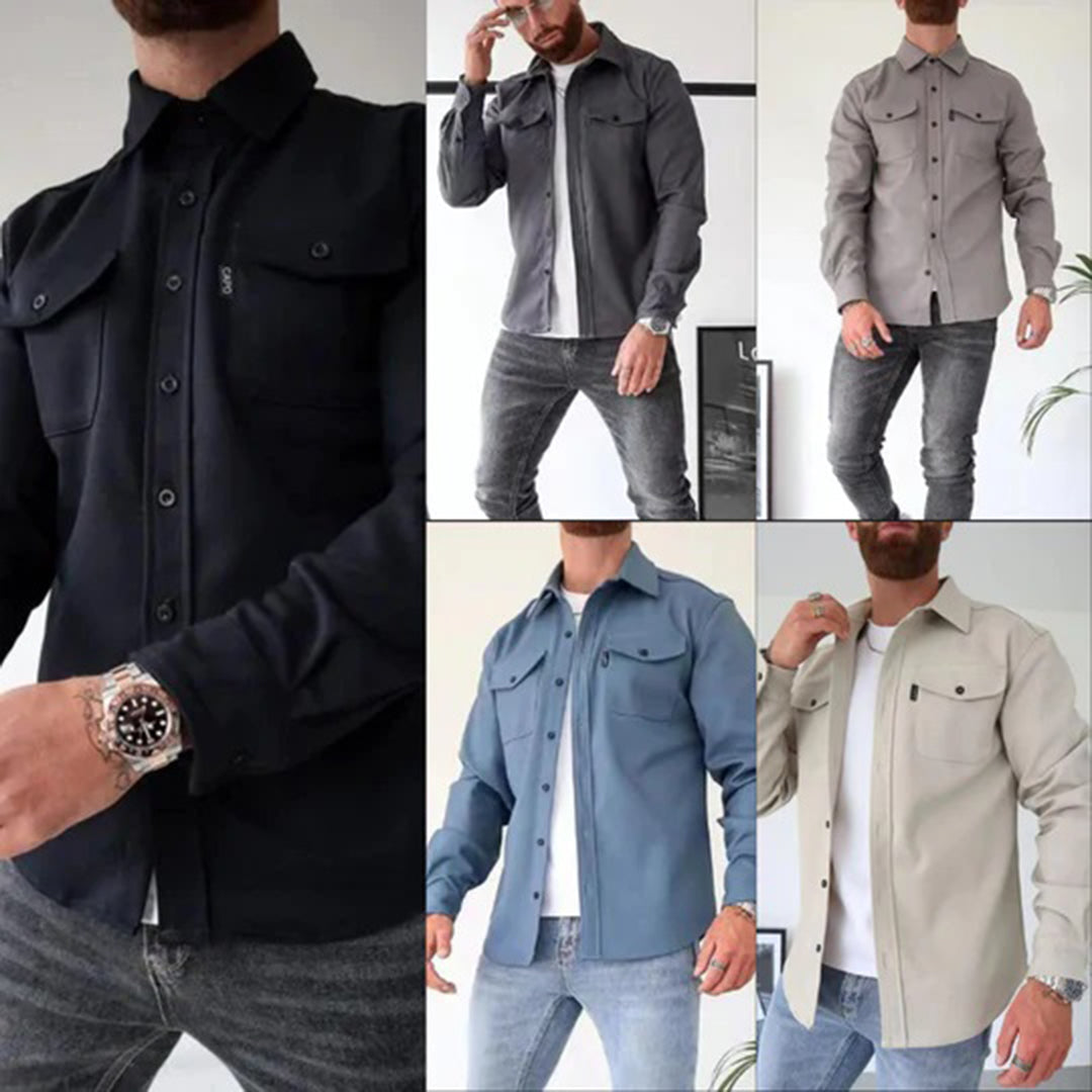 Afbeelding van vijf herenoverhemden in verschillende kleuren: zwart, grijs, lichtgrijs, blauw en beige. Modieuze casual stijl, ideaal voor dagelijks gebruik.
